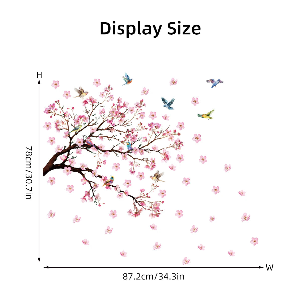 Wall decal of a cherry blossom tree with birds and measurement details on a white background