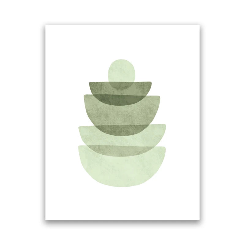 Geometric art print with stacked green shapes on a white background