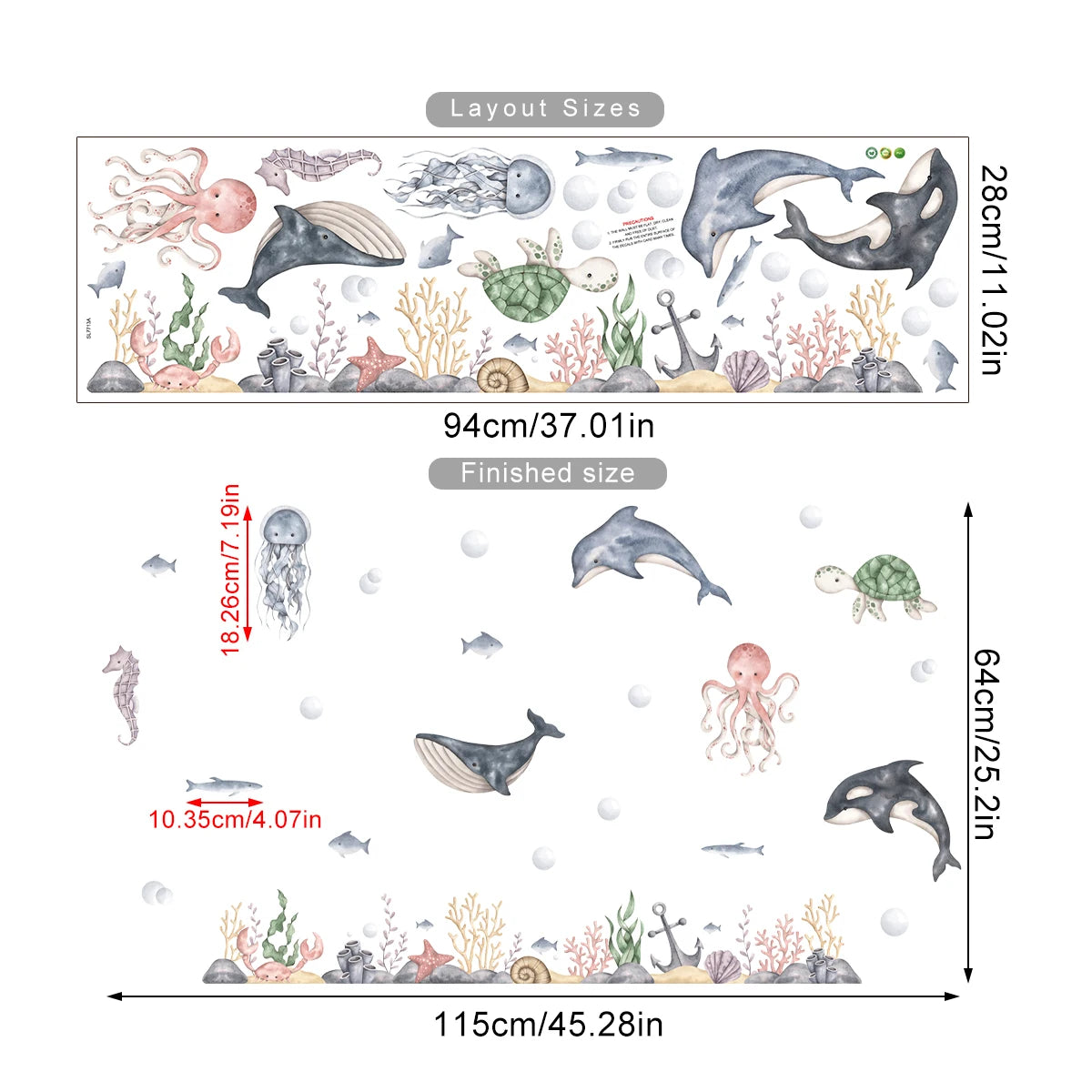 Underwater-themed wall decal set with various sea creatures and measurements on a white background.