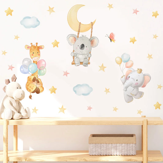 Watercolor Safari Friends Wall Decals – Koala, Giraffe & Elephant Stickers with Stars for Nursery, Kids Room or Baby Bedroom Peel & Stick Creative DIY Home Decor