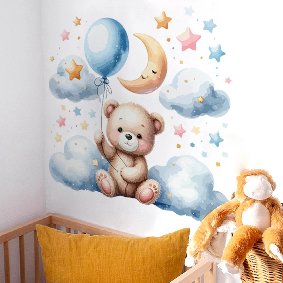 Children's room with teddy bear wall decal, balloons, and stars on a white wall.