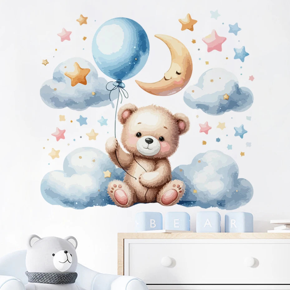 Wall decal of a teddy bear with balloons, clouds, and stars in a child's room.