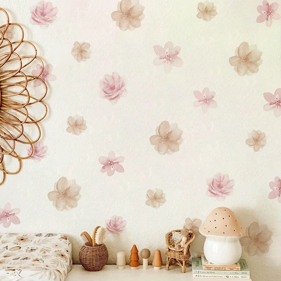 Children's room with floral wallpaper, toys, and decorative items.