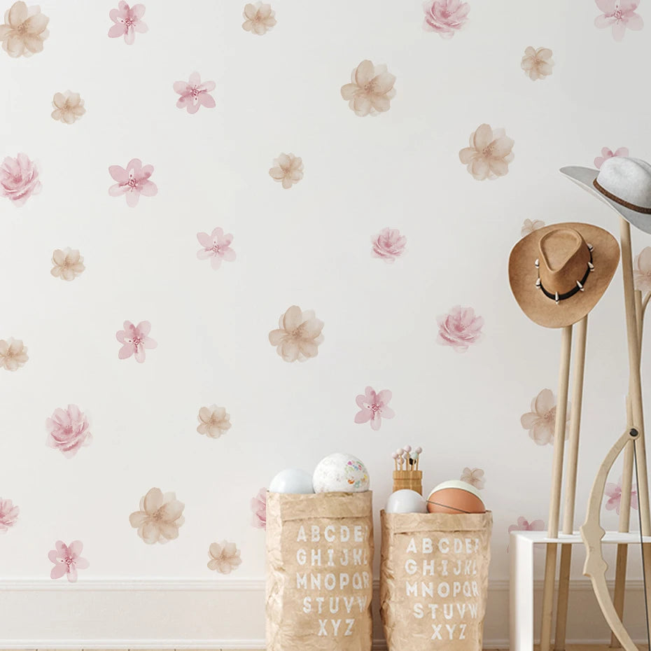 Floral wallpaper with decorative baskets and a hat against a light background
