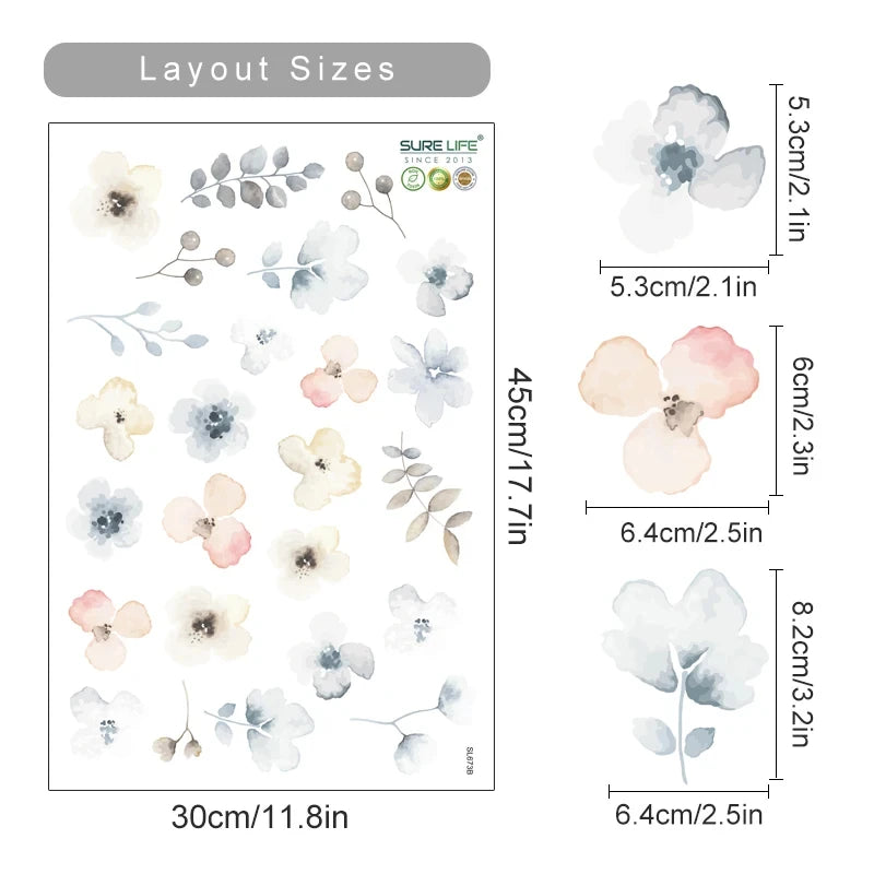 Floral wall decal with dimensions and Sure Life logo