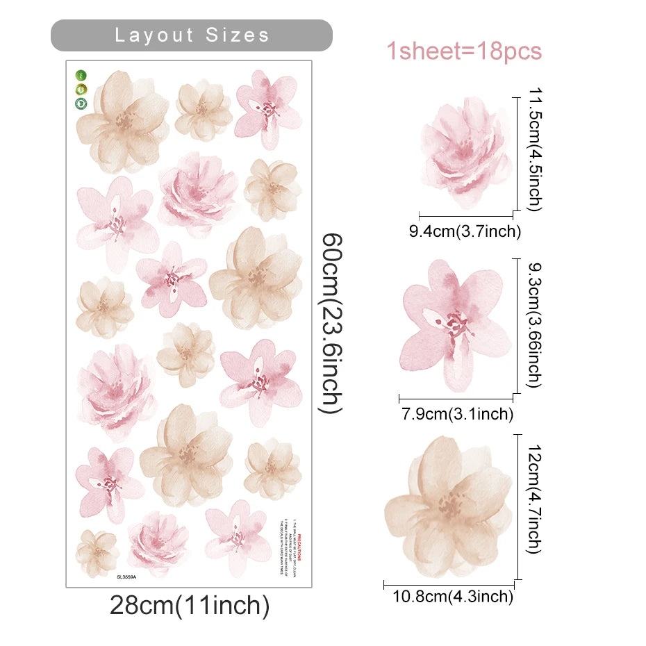 Floral sticker sheet with layout sizes and dimensions on a white background