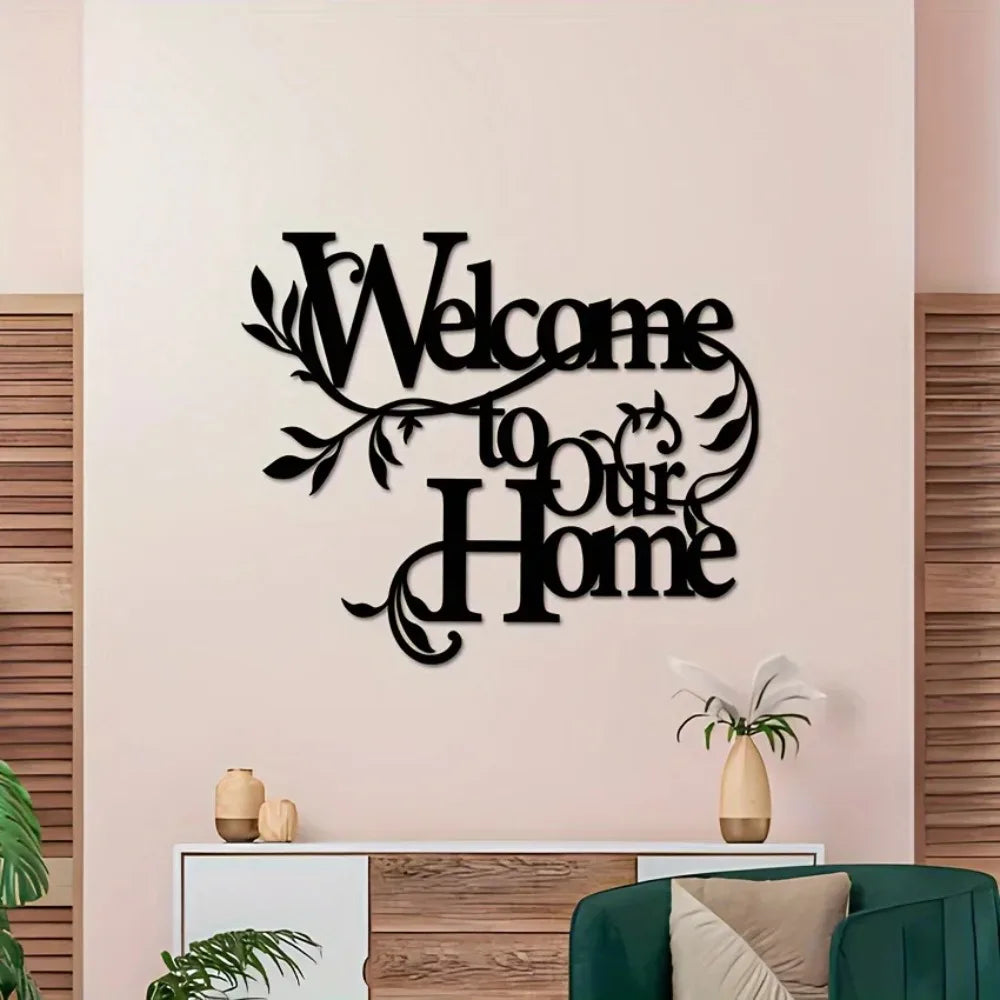Welcoming Home Decor Signage Black Metal Wall Art 3D Iron Craft Wall Mounted Welcome To Our Home Plaque Wall Decoration For Living Room Airbnb Wall Decor