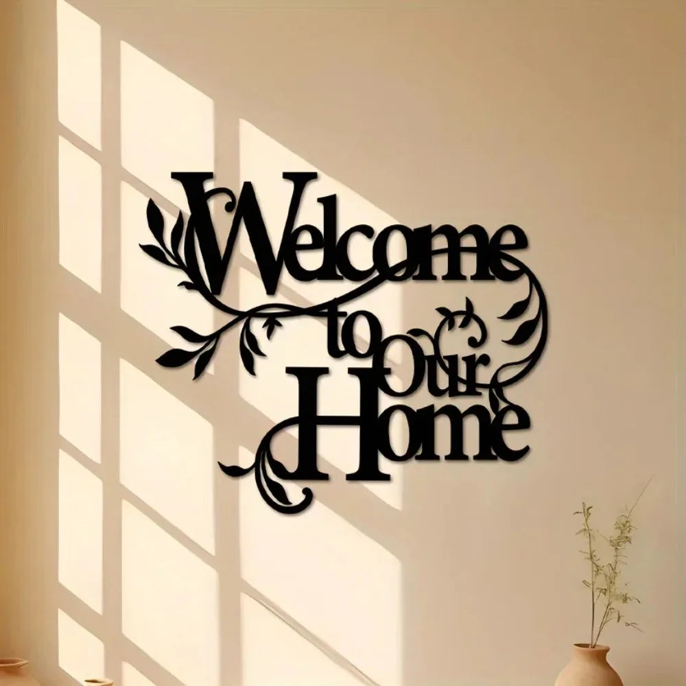 Welcoming Home Decor Signage Black Metal Wall Art 3D Iron Craft Wall Mounted Welcome To Our Home Plaque Wall Decoration For Living Room Airbnb Wall Decor