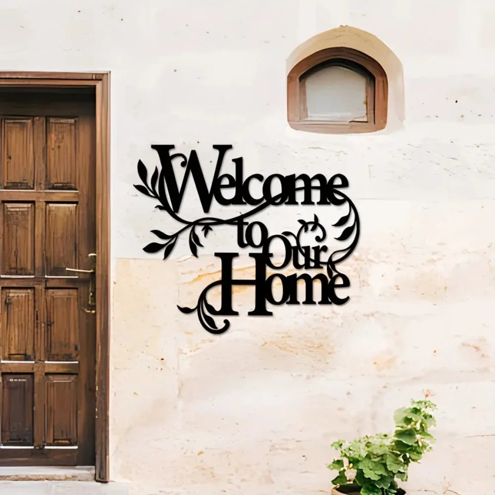 Welcoming Home Decor Signage Black Metal Wall Art 3D Iron Craft Wall Mounted Welcome To Our Home Plaque Wall Decoration For Living Room Airbnb Wall Decor