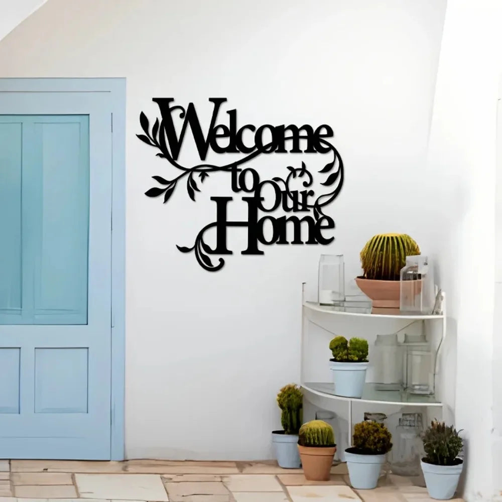 Welcoming Home Decor Signage Black Metal Wall Art 3D Iron Craft Wall Mounted Welcome To Our Home Plaque Wall Decoration For Living Room Airbnb Wall Decor