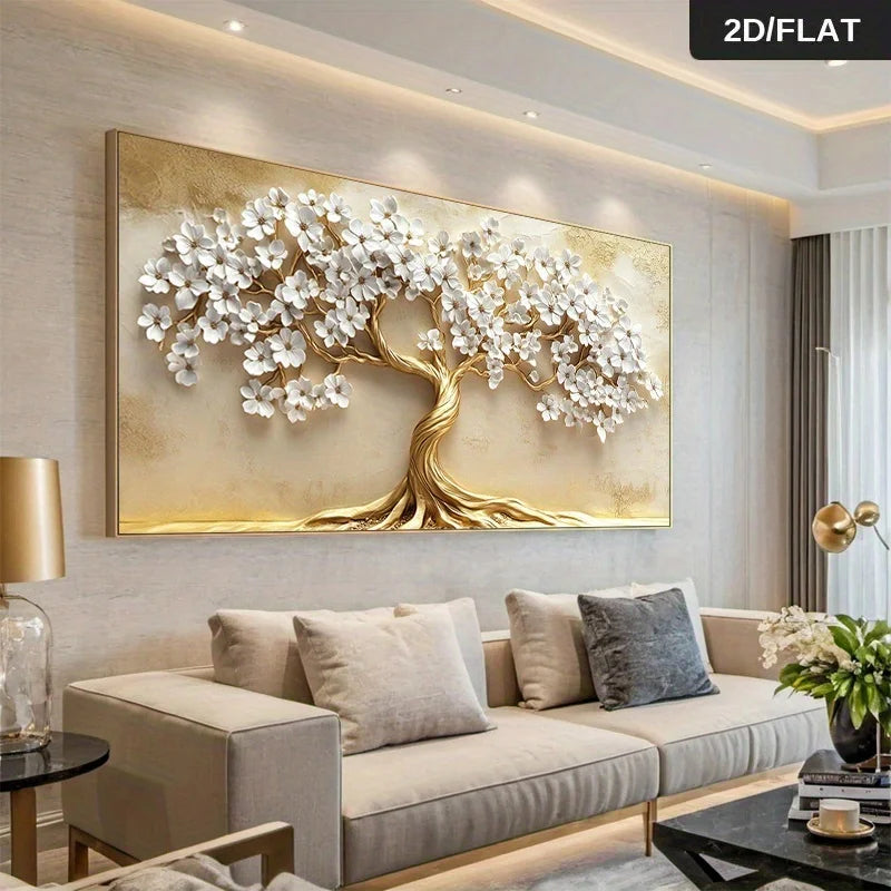White Blossom Floral Golden Tree Wall Art Fine Art Canvas Print Abstract Auspicious Botanical Art For Above The Sofa