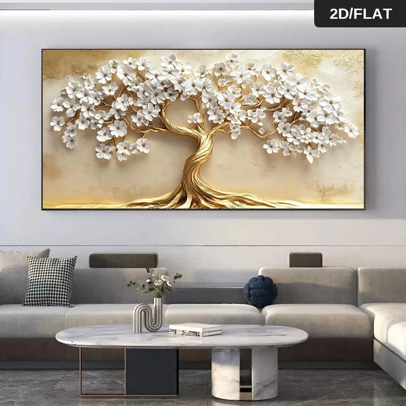 Decorative wall art of a tree with white flowers on a beige background in a living room setting.