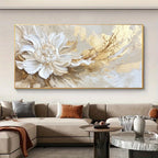 Abstract floral painting in a living room with a sofa and coffee table.