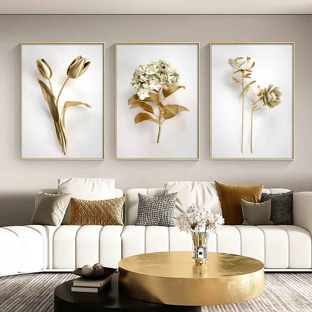 Decorative floral wall art above a white sofa with a gold coffee table.