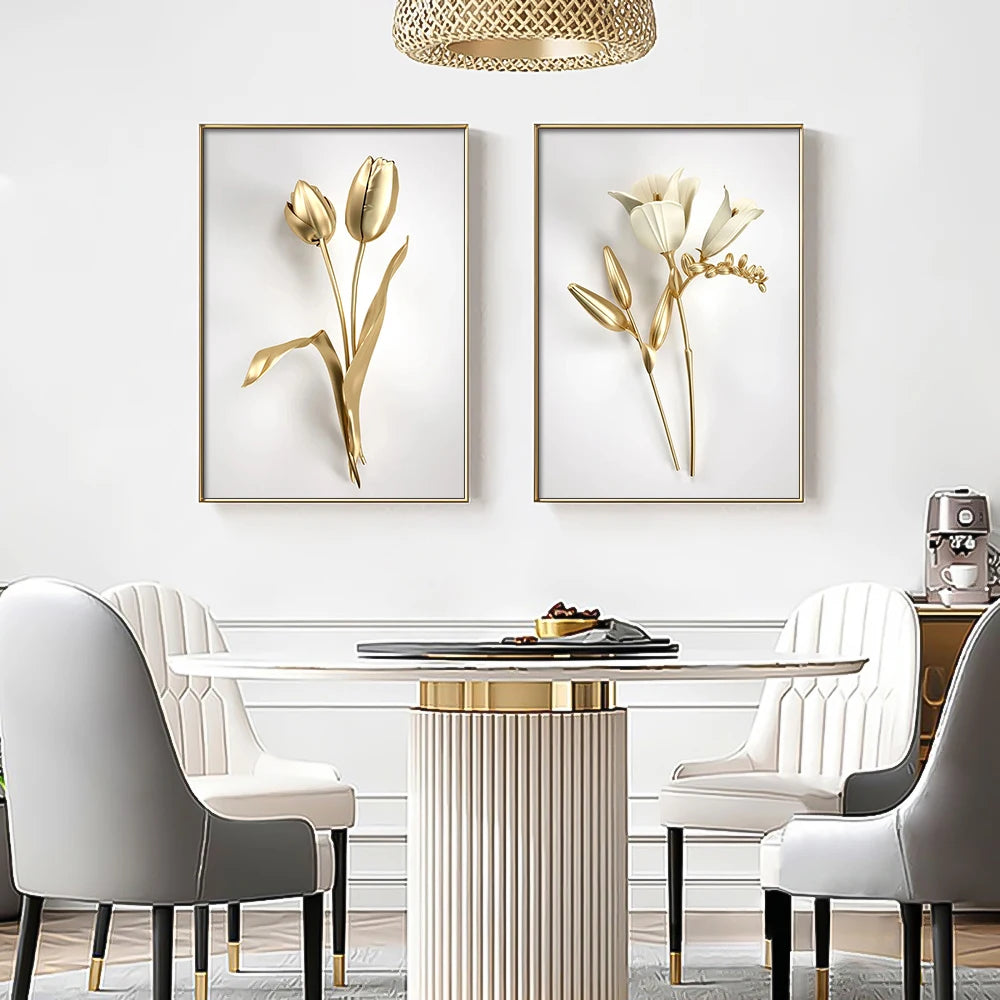Dining room with a table, chairs, and wall art of gold and white tulips.