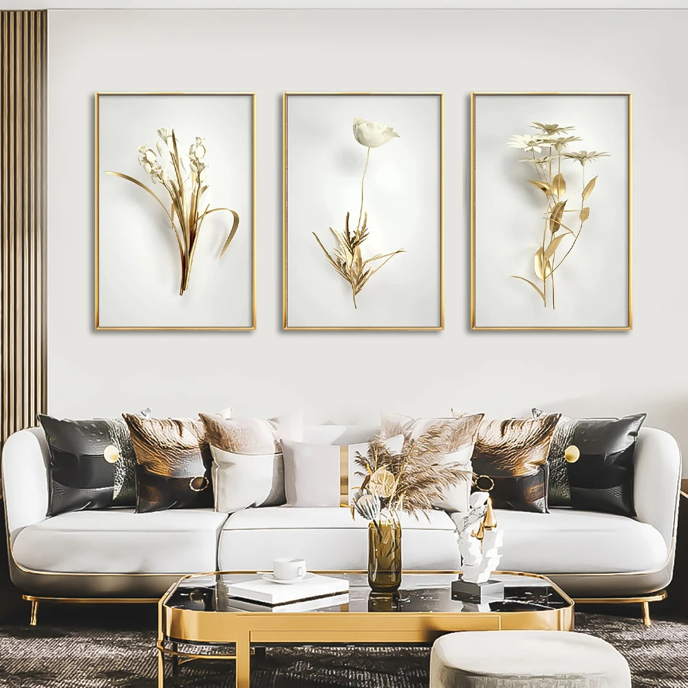 Modern living room with a white sofa, decorative pillows, and framed floral art on the wall.