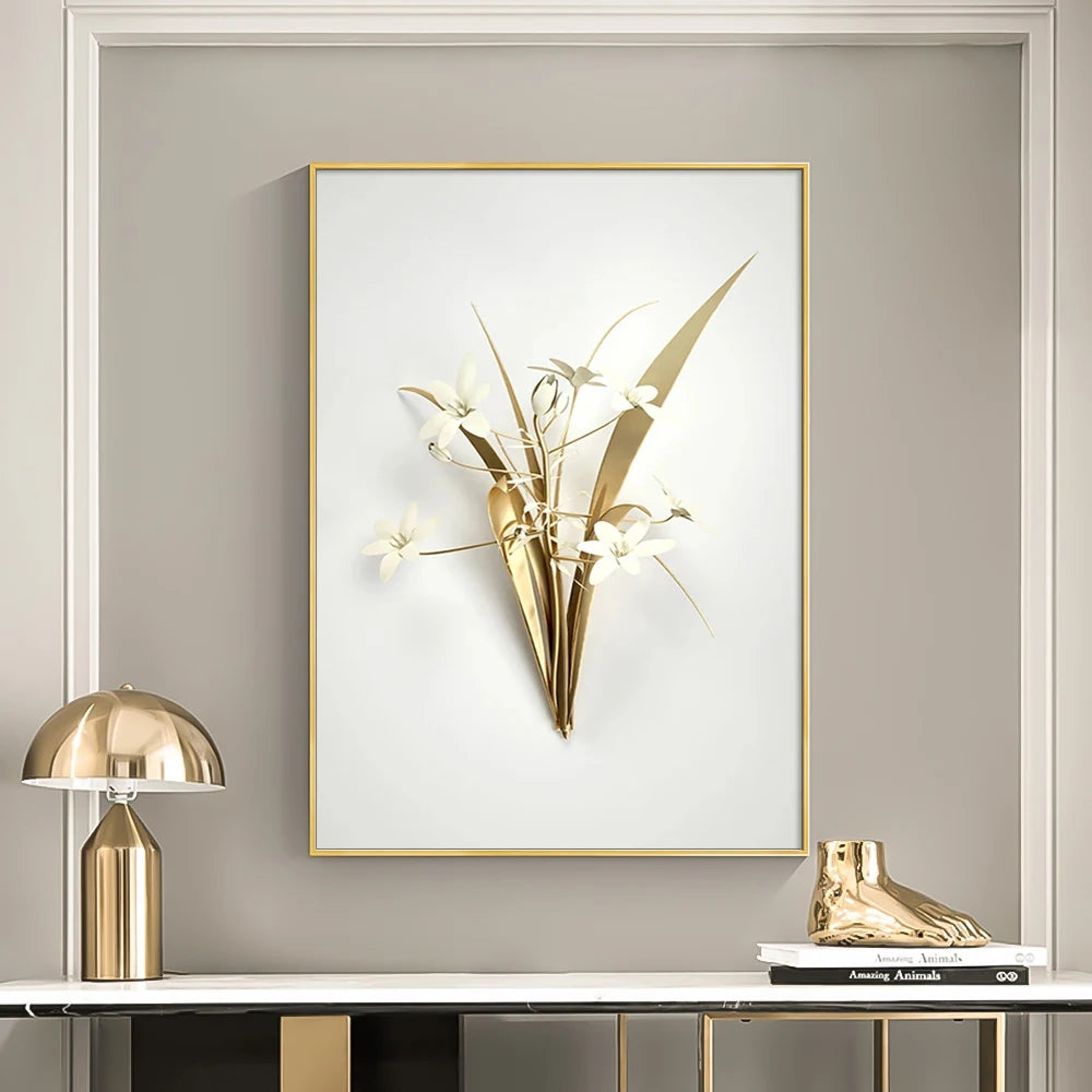 Framed artwork with gold abstract design on a wall with decorative items below.