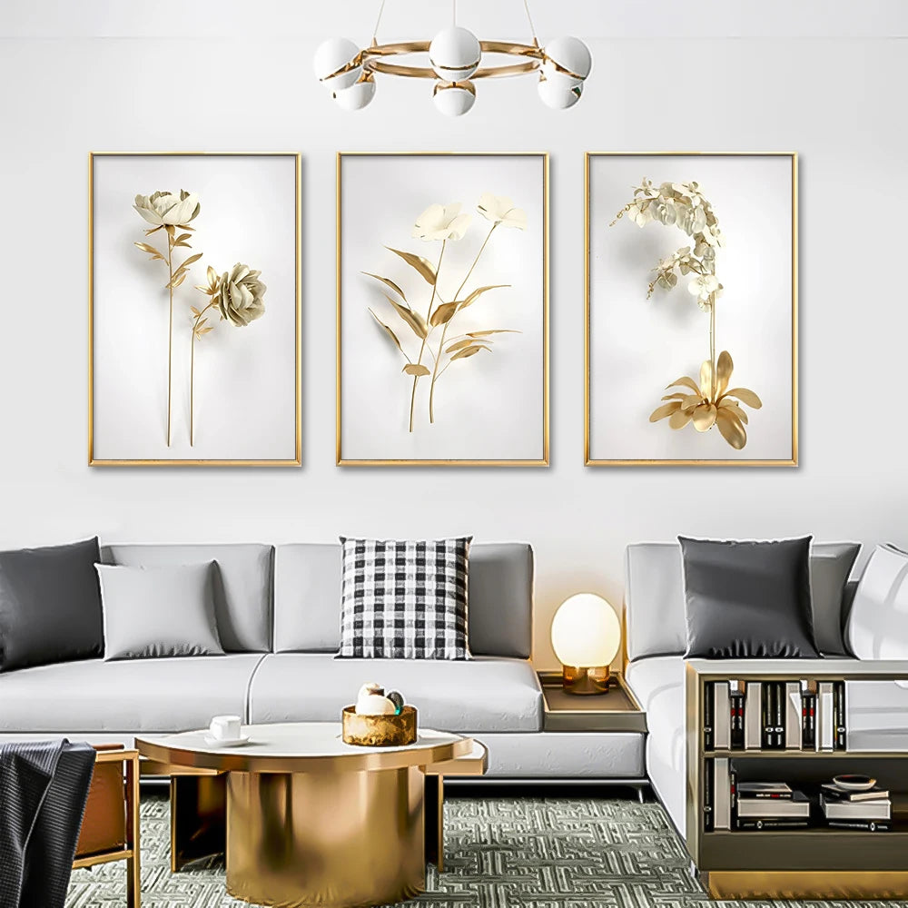 Modern living room with a gray sofa, gold coffee table, and floral wall art.
