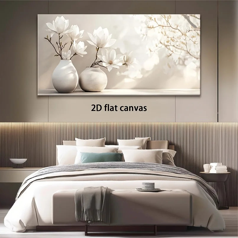 A large rectangular wall art canvas showing white flowers in two vases against a soft light background, displayed above a neatly made bed in a modern bedroom. The text '2D flat canvas' appears below the artwork.