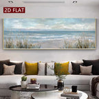 A large panoramic wall art print depicting a calm blue ocean and cloudy sky with beach grasses in the foreground, displayed above a modern sofa in a styled living room. A red label in the top-left corner reads '2D FLAT'.