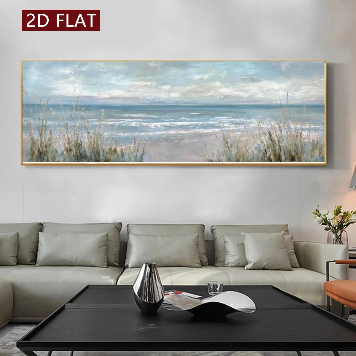 A large horizontal wall art print depicting a calm ocean scene with beach grasses in the foreground, displayed above a light beige sofa in a modern living room. A red label in the top-left corner reads '2D FLAT'.