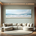 Beige sectional sofa in a modern living room with a large beach scene painting on the wall.