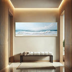 Modern interior with a bench and beach scene painting on the wall