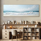 Home office with a large beach scene painting on the wall, desk, and bookshelf.