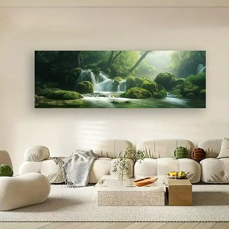 Living room with a large wall-mounted nature scene painting of a forest and waterfall.