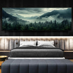 Modern bedroom with a large bed and a scenic wall art of mountains and trees.