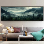 Living room with a large wall art of a forest landscape above a sofa.