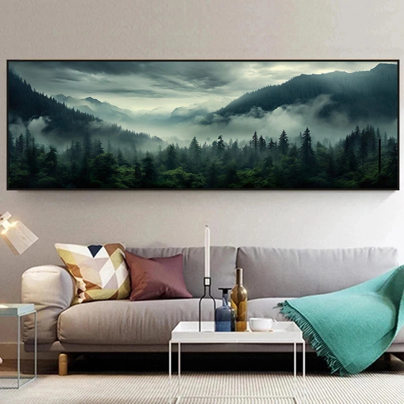 Living room with a large wall art of a forest landscape above a sofa.