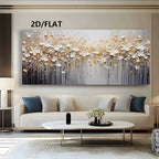 A large rectangular abstract wall art piece with white, gray, black, and gold floral-like brushstrokes, displayed above a beige sofa in a modern living room. The text '2D/FLAT' appears at the top left of the artwork.