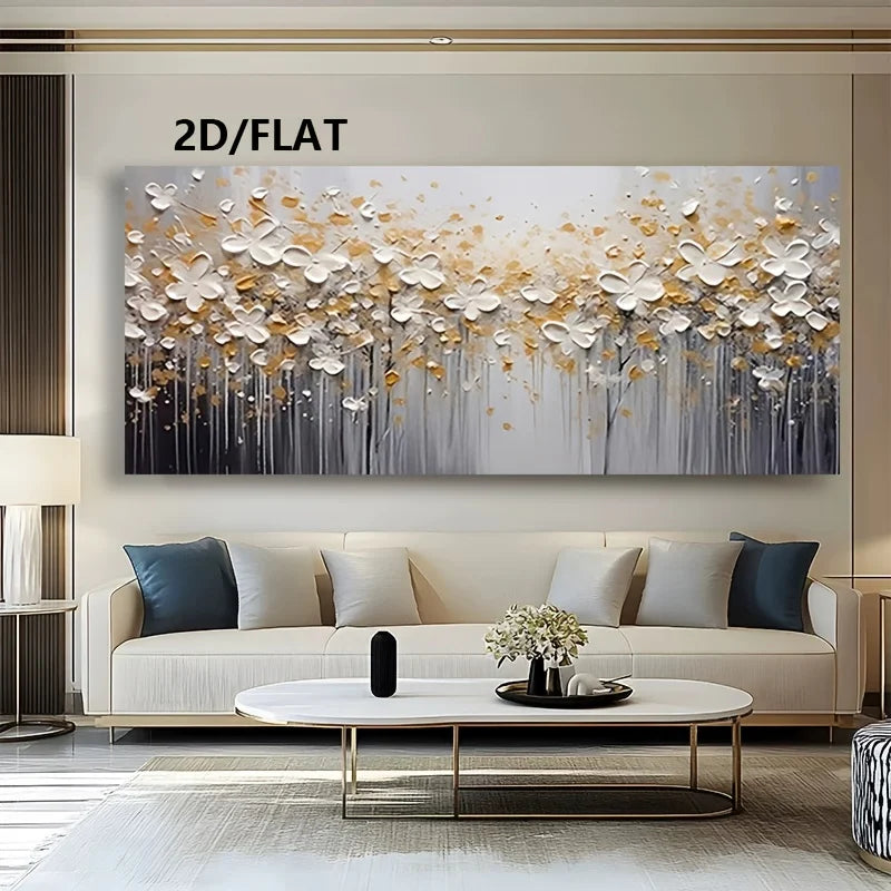 A large rectangular abstract wall art piece with white, gray, black, and gold floral-like brushstrokes, displayed above a beige sofa in a modern living room. The text '2D/FLAT' appears at the top left of the artwork.