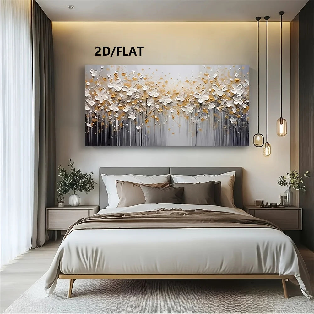A modern bedroom featuring a large 2D/flat canvas wall art print with an abstract floral design in white, gold, and gray. The artwork is displayed on the beige wall above a neatly made bed with neutral-toned bedding and wooden accents.