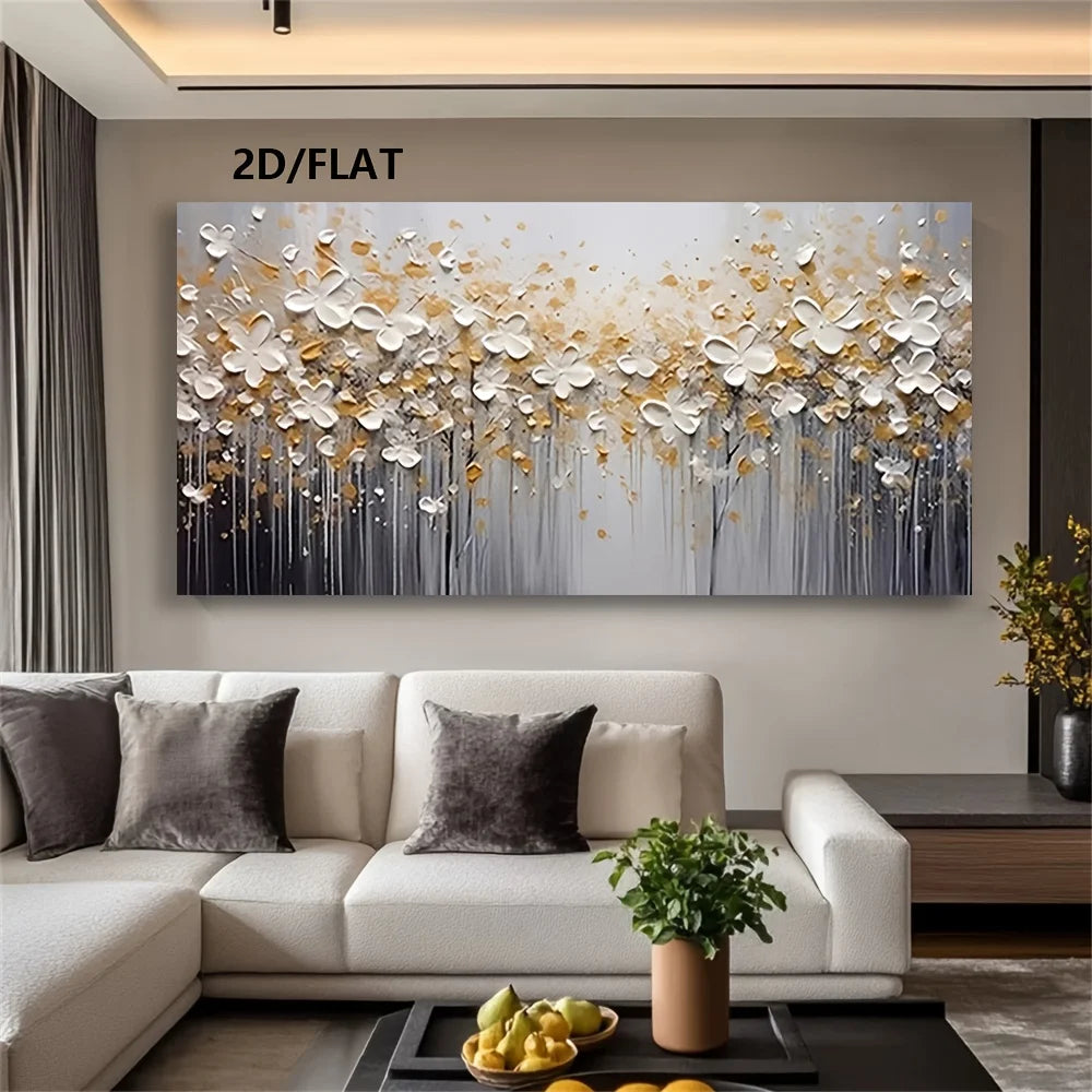 A large rectangular abstract wall art piece with white and gold 3D floral forms over a gray gradient background, displayed above a white sectional sofa in a modern living room. 