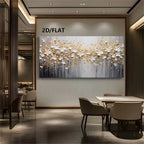 A large rectangular abstract wall art piece with white, gray, and gold floral-like forms hangs on a beige wall in a modern dining or lounge interior. The artwork is shown in a real room with tables, chairs, and ceiling lights, and the text '2D/FLAT' appears above it.