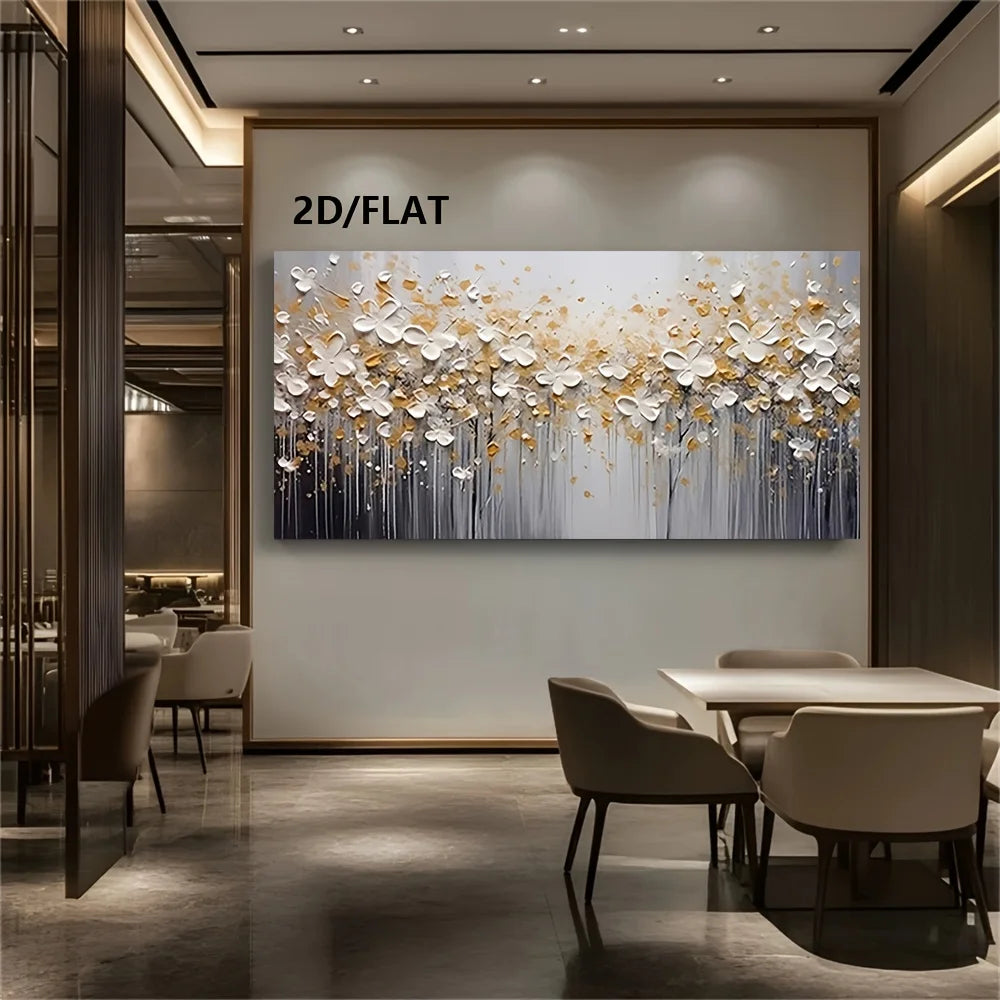 A large rectangular abstract wall art piece with white, gray, and gold floral-like forms hangs on a beige wall in a modern dining or lounge interior. The artwork is shown in a real room with tables, chairs, and ceiling lights, and the text '2D/FLAT' appears above it.