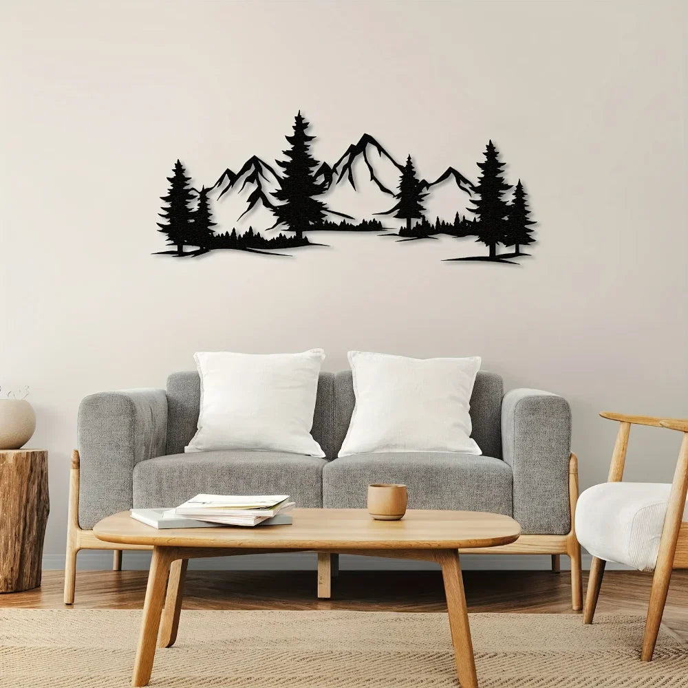 Wild Mountain Wilderness Landscape Black Metal Wall Art Plaque 3D Iron Crafted Wall Decor For Living Room Dining Room Modern Rustic Nordic Home Decor