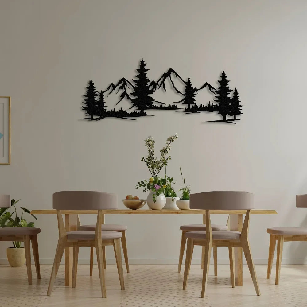 Wild Mountain Wilderness Landscape Black Metal Wall Art Plaque 3D Iron Crafted Wall Decor For Living Room Dining Room Modern Rustic Nordic Home Decor