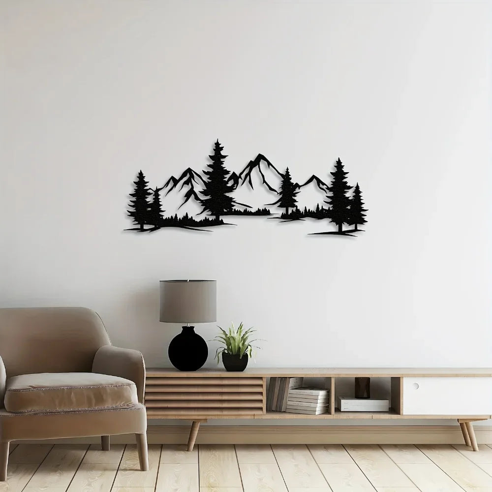 Wild Mountain Wilderness Landscape Black Metal Wall Art Plaque 3D Iron Crafted Wall Decor For Living Room Dining Room Modern Rustic Nordic Home Decor