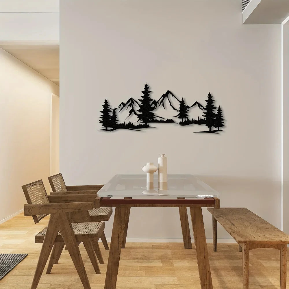 Wild Mountain Wilderness Landscape Black Metal Wall Art Plaque 3D Iron Crafted Wall Decor For Living Room Dining Room Modern Rustic Nordic Home Decor