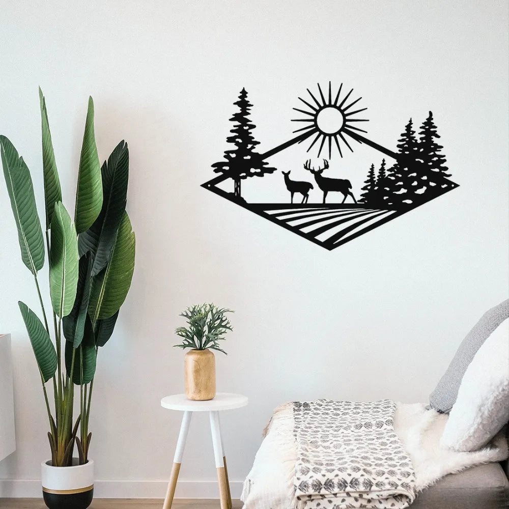 Wild Nature Forest Deer Wall Plaque Black Metal Wall Art 3D Iron Craft Wall Decoration For Living Room Dining Room Creative Nordic Home Decor