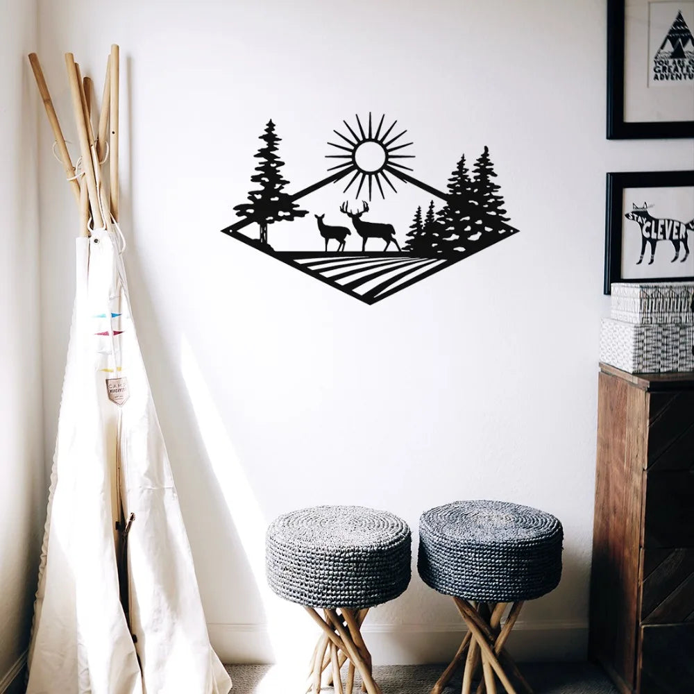 Wild Nature Forest Deer Wall Plaque Black Metal Wall Art 3D Iron Craft Wall Decoration For Living Room Dining Room Creative Nordic Home Decor