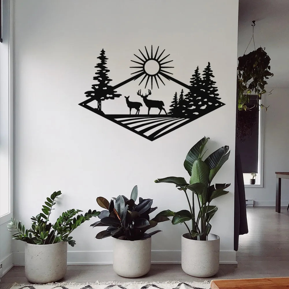 Wild Nature Forest Deer Wall Plaque Black Metal Wall Art 3D Iron Craft Wall Decoration For Living Room Dining Room Creative Nordic Home Decor