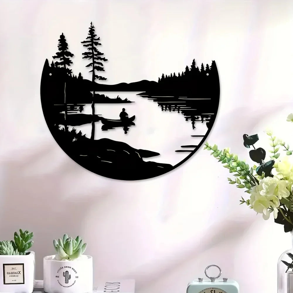 Wilderness Lake Forest Silhouette Black Metal Wall Art 3D Iron Craft Wall Decororation For Wood Cabin Living Room Creative Nordic Home Decor