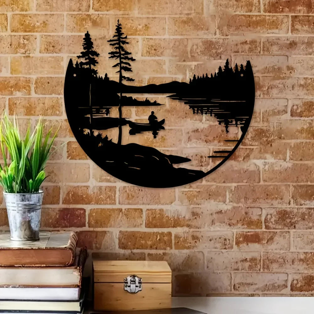 Wilderness Lake Forest Silhouette Black Metal Wall Art 3D Iron Craft Wall Decororation For Wood Cabin Living Room Creative Nordic Home Decor