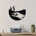 Wilderness Lake Forest Silhouette Black Metal Wall Art 3D Iron Craft Wall Decororation For Wood Cabin Living Room Creative Nordic Home Decor