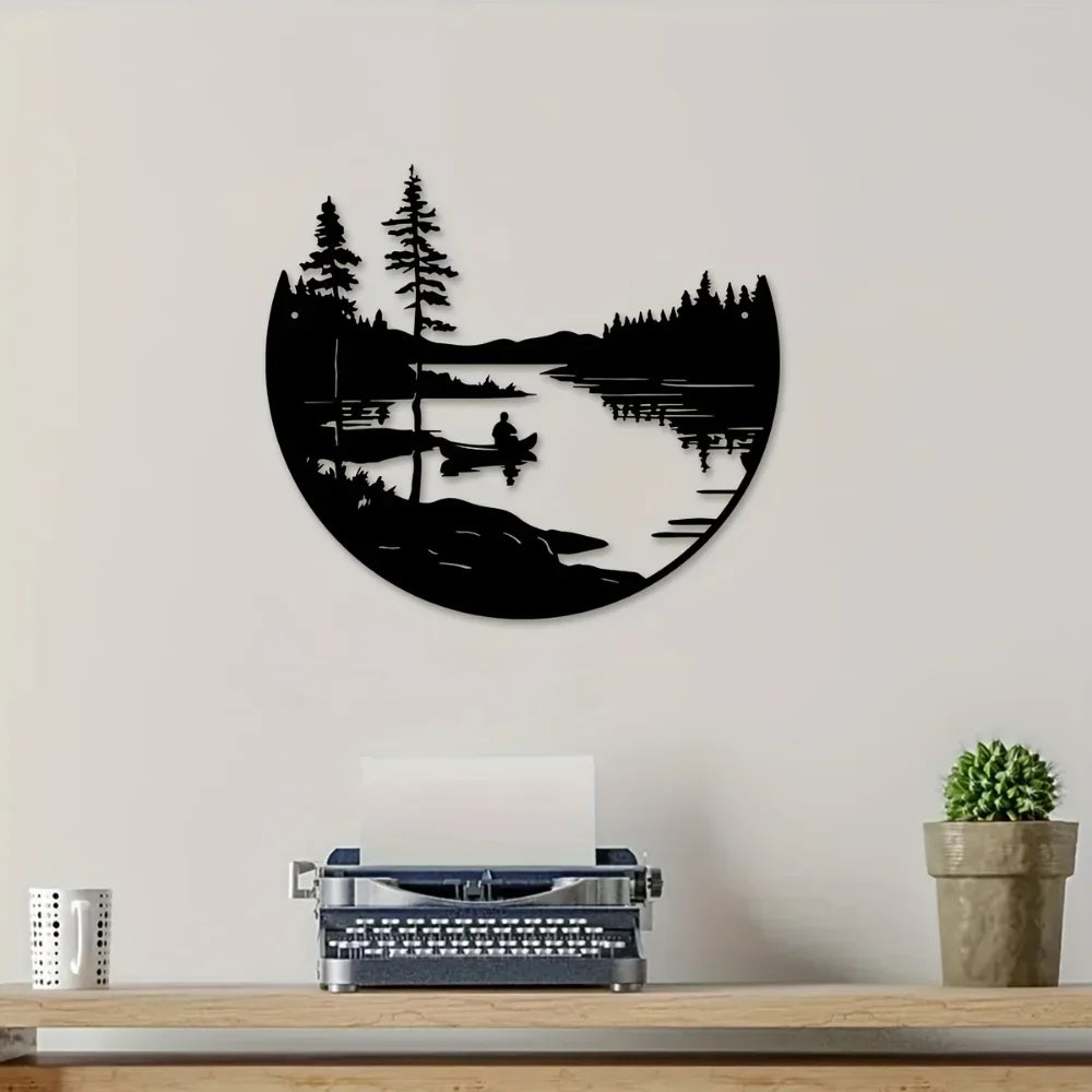 Wilderness Lake Forest Silhouette Black Metal Wall Art 3D Iron Craft Wall Decororation For Wood Cabin Living Room Creative Nordic Home Decor