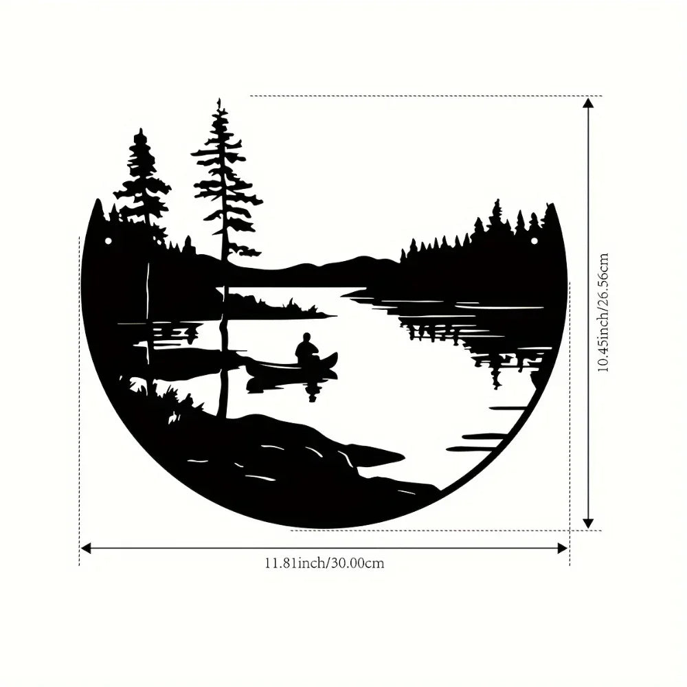 Wilderness Lake Forest Silhouette Black Metal Wall Art 3D Iron Craft Wall Decororation For Wood Cabin Living Room Creative Nordic Home Decor